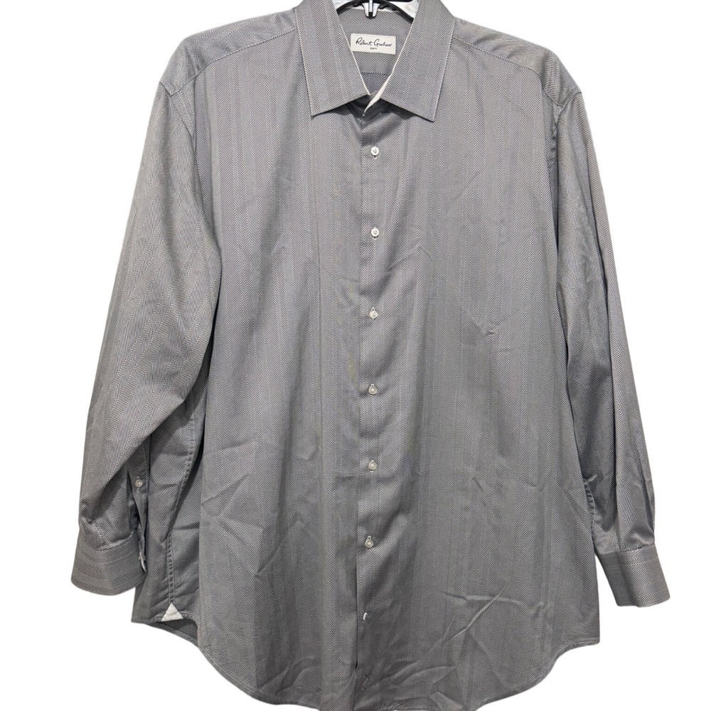 Robert Graham Mens XL 18.5 34/35 Big Grey Herringbone Button Down Dress Shirt